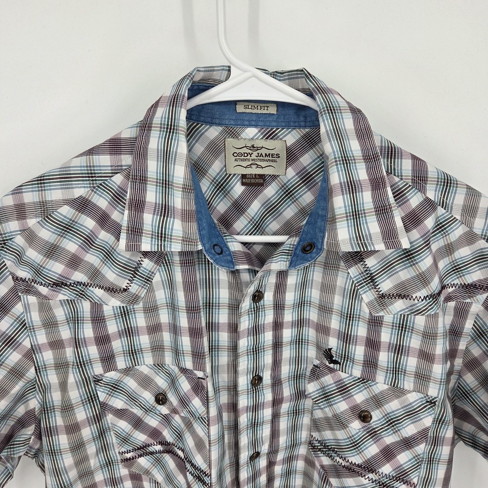 Cody James Men's Large Regular‎ Fit Blue  Plaid Short Sleeve Western Pearl Snap